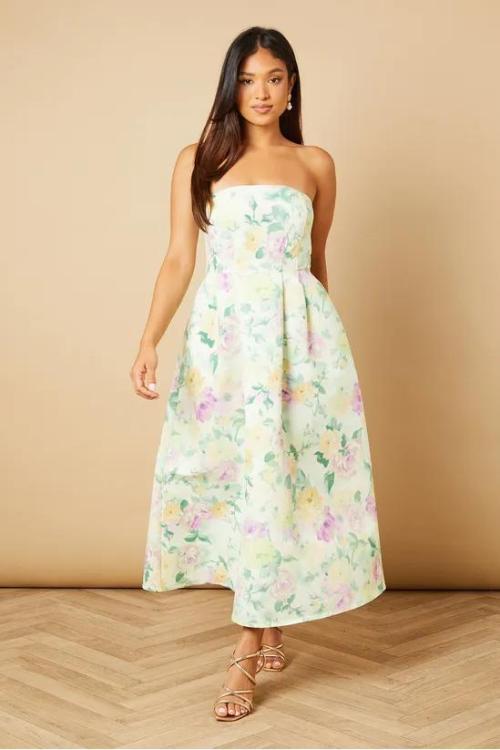 Sample Elegant Bandeau Neckline Tight Waist Backless Floral Print Formal Dress
