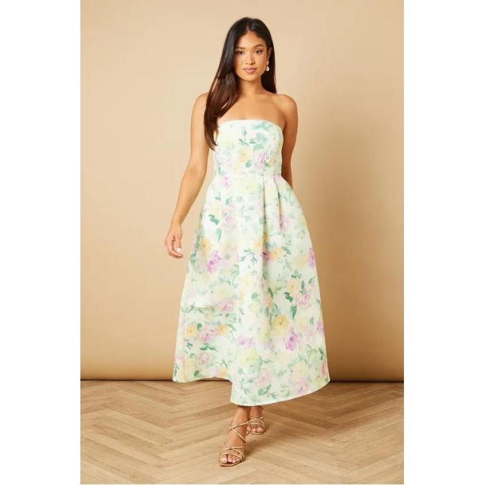 Sample Elegant Bandeau Neckline Tight Waist Backless Floral Print Formal Dress