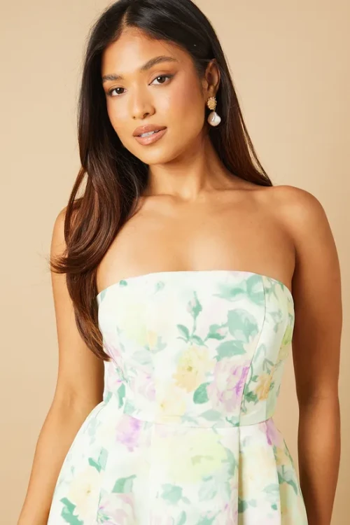 Sample Elegant Bandeau Neckline Tight Waist Backless Floral Print Formal Dress