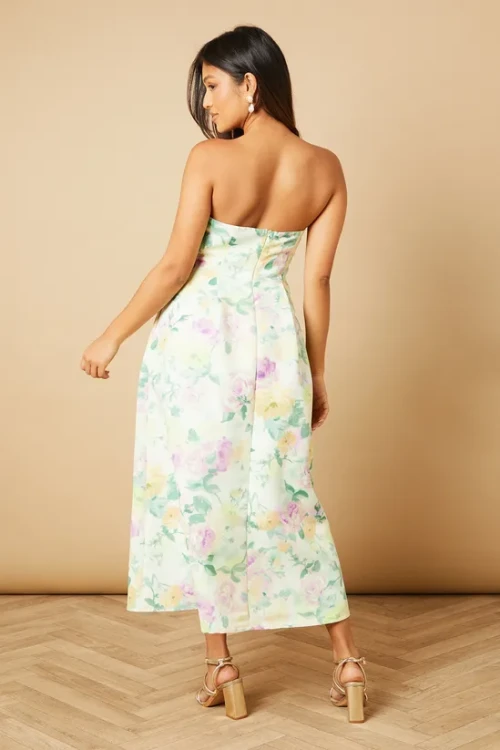 Sample Elegant Bandeau Neckline Tight Waist Backless Floral Print Formal Dress