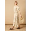 Elegant Round Neckline Puff Sleeves Smocked Bodice Floral Print Formal Dress