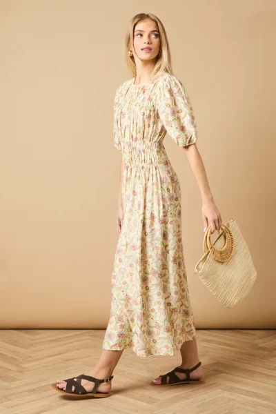 Elegant Round Neckline Puff Sleeves Smocked Bodice Floral Print Formal Dress