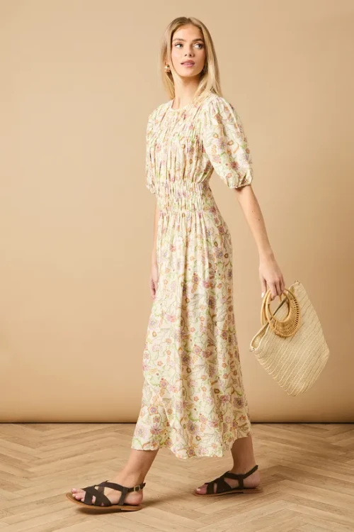Elegant Round Neckline Puff Sleeves Smocked Bodice Floral Print Formal Dress