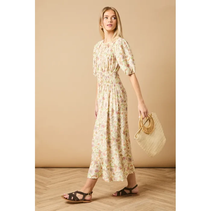 Elegant Round Neckline Puff Sleeves Smocked Bodice Floral Print Formal Dress