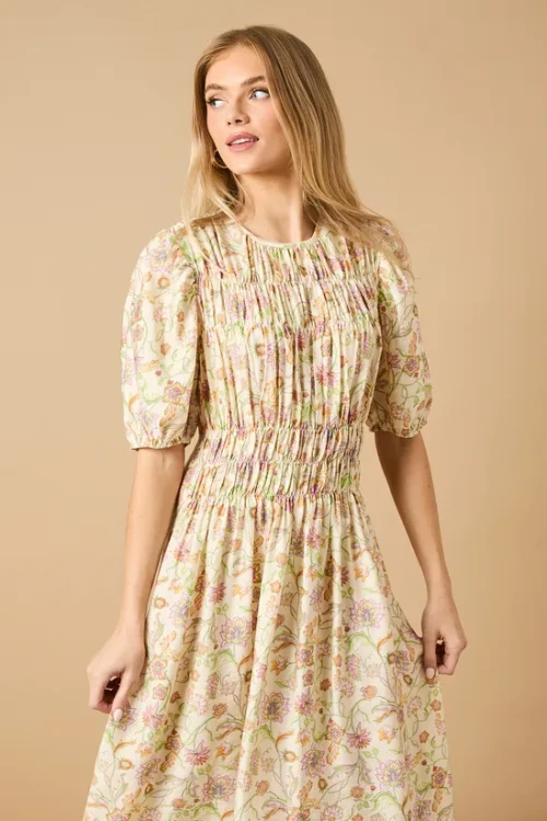 Elegant Round Neckline Puff Sleeves Smocked Bodice Floral Print Formal Dress