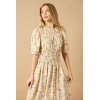 Elegant Round Neckline Puff Sleeves Smocked Bodice Floral Print Formal Dress