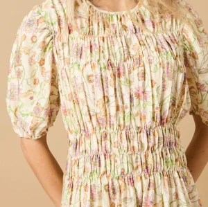 Elegant Round Neckline Puff Sleeves Smocked Bodice Floral Print Formal Dress