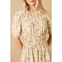 Elegant Round Neckline Puff Sleeves Smocked Bodice Floral Print Formal Dress