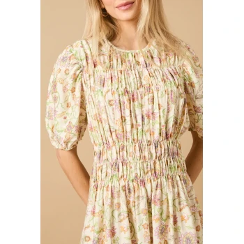 Elegant Round Neckline Puff Sleeves Smocked Bodice Floral Print Formal Dress