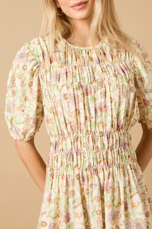 Elegant Round Neckline Puff Sleeves Smocked Bodice Floral Print Formal Dress