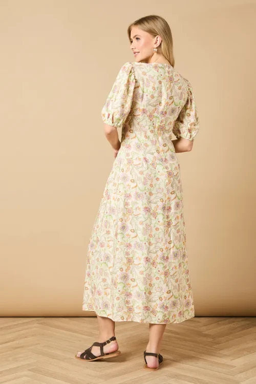 Elegant Round Neckline Puff Sleeves Smocked Bodice Floral Print Formal Dress