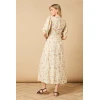 Elegant Round Neckline Puff Sleeves Smocked Bodice Floral Print Formal Dress