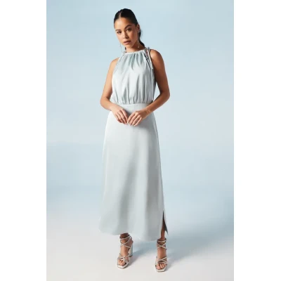 Elegant Halter Neckline Sleeveless High Ruffle Tight Waist Solid Color Casual Dress