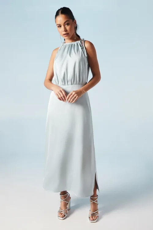 Elegant Halter Neckline Sleeveless High Ruffle Tight Waist Solid Color Casual Dress