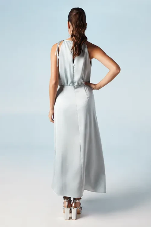 Elegant Halter Neckline Sleeveless High Ruffle Tight Waist Solid Color Casual Dress
