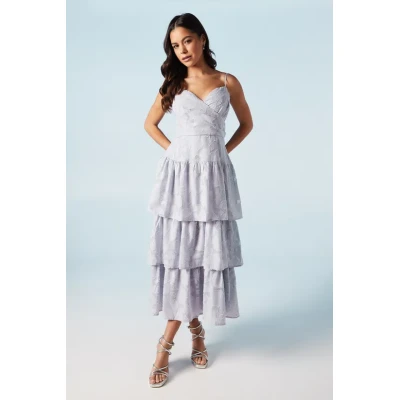Elegant V- Neckline Sleeveless High Tight Waist Solid Color Formal Tiered Dress