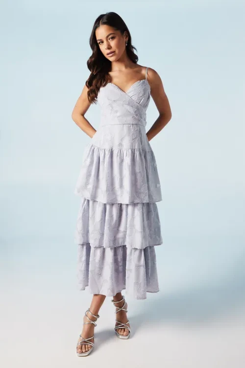 Elegant V- Neckline Sleeveless High Tight Waist Solid Color Formal Tiered Dress