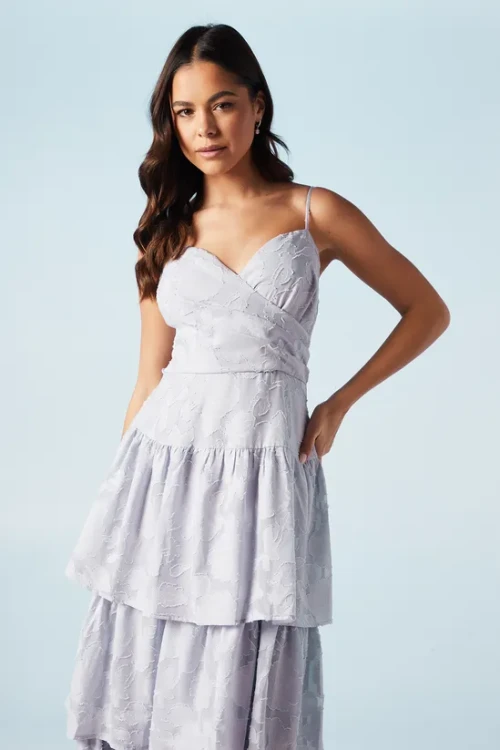 Elegant V- Neckline Sleeveless High Tight Waist Solid Color Formal Tiered Dress