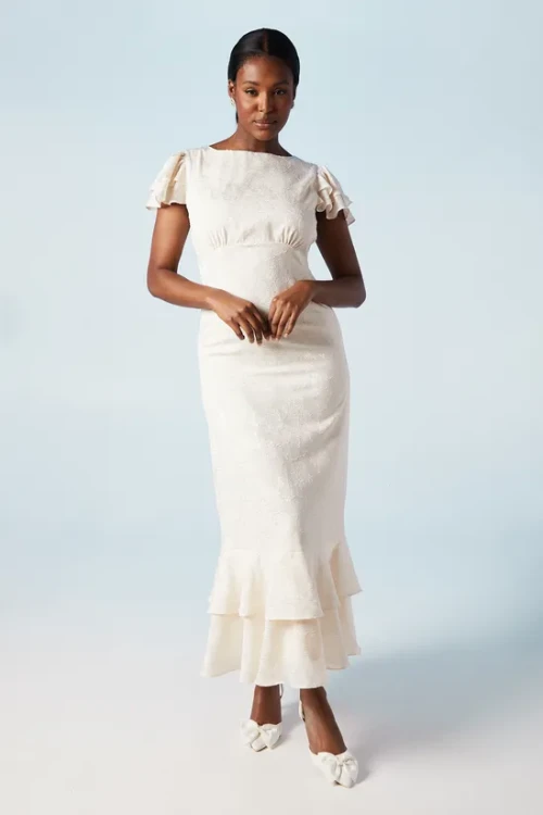 Fashion Luxury Round Neckline Cut Out Solid Color Tiered Ruffle Hem Elegant Dress