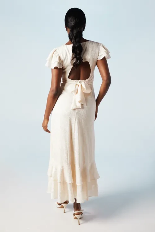 Fashion Luxury Round Neckline Cut Out Solid Color Tiered Ruffle Hem Elegant Dress