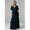 Luxury Elegant V-Neckline Puff Sleeve Solid Color Ruffle Tight Waist Dress