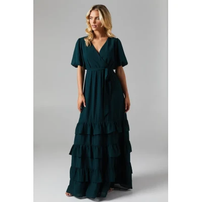 Luxury Elegant V-Neckline Puff Sleeve Solid Color Ruffle Tight Waist Dress