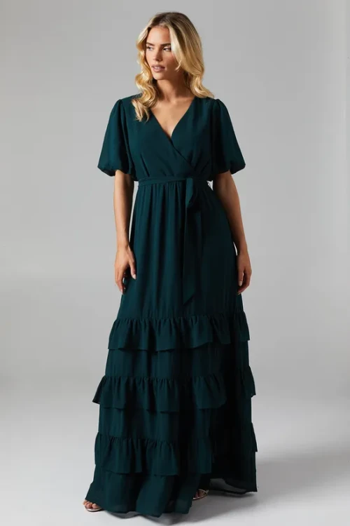 Luxury Elegant V-Neckline Puff Sleeve Solid Color Ruffle Tight Waist Dress