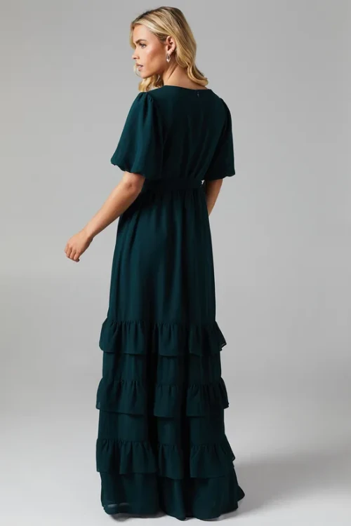 Luxury Elegant V-Neckline Puff Sleeve Solid Color Ruffle Tight Waist Dress