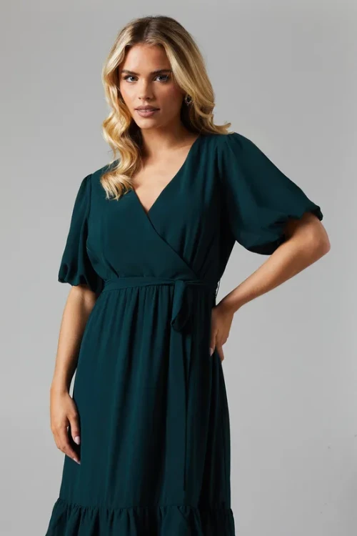 Luxury Elegant V-Neckline Puff Sleeve Solid Color Ruffle Tight Waist Dress