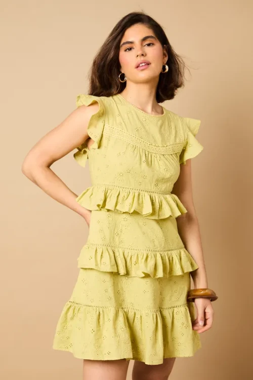 Sample Daily Round Neckline Short Sleeve Cut Out  Solid Color Embroidered Tiered Dress