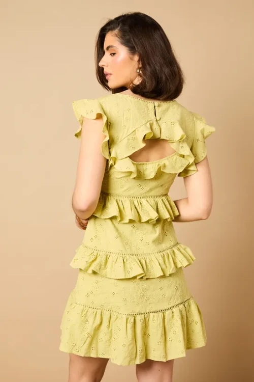 Sample Daily Round Neckline Short Sleeve Cut Out  Solid Color Embroidered Tiered Dress