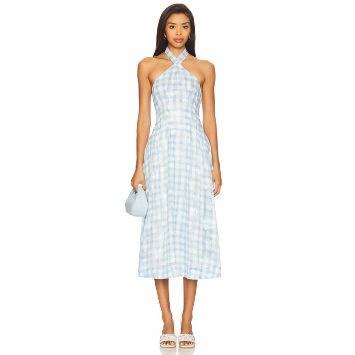 Romantic Elegant High quality Halter neckline Backless Sleeveless Woman's Midi Dress
