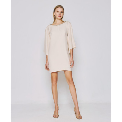 Embellished Trim Smooth Flowy Beige Backless V shaped High quality Woman's Mini Dress