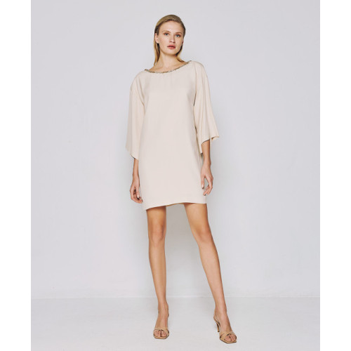 Embellished Trim Smooth Flowy Beige Backless V shaped High quality Woman's Mini Dress