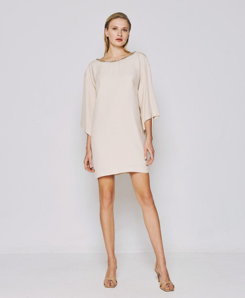 Embellished Trim Smooth Flowy Beige Backless V shaped High quality Woman's Mini Dress
