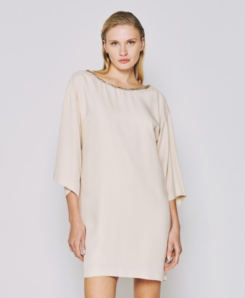 Embellished Trim Smooth Flowy Beige Backless V shaped High quality Woman's Mini Dress