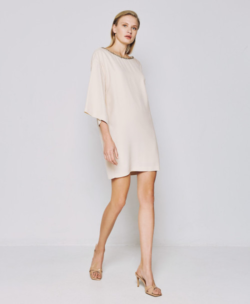 Embellished Trim Smooth Flowy Beige Backless V shaped High quality Woman's Mini Dress