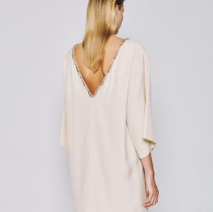 Embellished Trim Smooth Flowy Beige Backless V shaped High quality Woman's Mini Dress