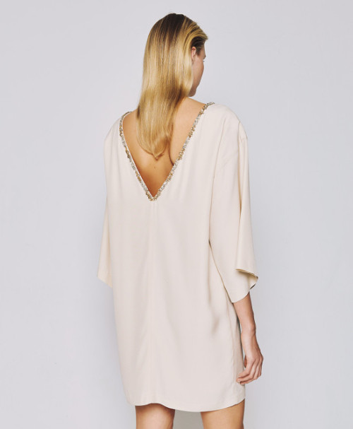 Embellished Trim Smooth Flowy Beige Backless V shaped High quality Woman's Mini Dress