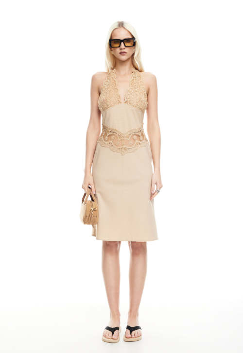 Halter neckline Stylish Lace Sleeveless Backless High quality Woman's Midi Dress