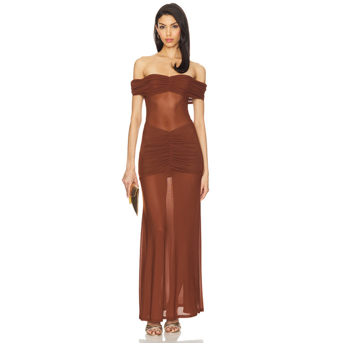 Off shoulder Sheer Elegant Glamorous Sleek Flowy Sexy Delicate Woman's Long Dress