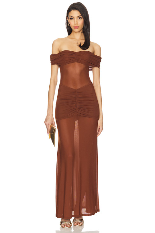 Off shoulder Sheer Elegant Glamorous Sleek Flowy Sexy Delicate Woman's Long Dress