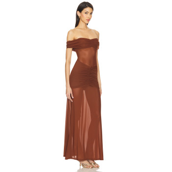 Off shoulder Sheer Elegant Glamorous Sleek Flowy Sexy Delicate Woman's Long Dress