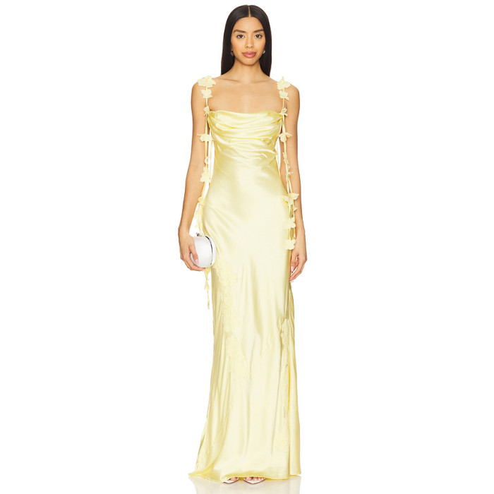 spaghetti ornamental straps open back Sleeveless silky Maxi length Woman's Long Dress