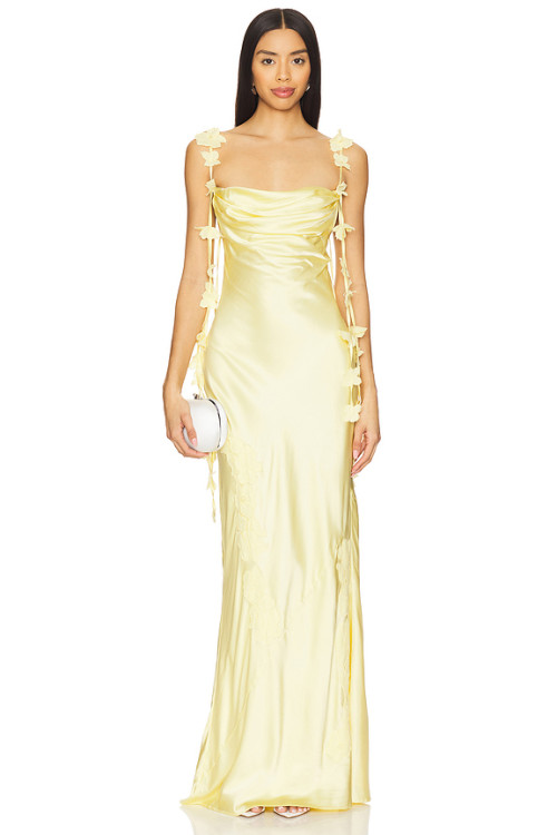 spaghetti ornamental straps open back Sleeveless silky Maxi length Woman's Long Dress