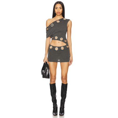 One shoulder Asymmetrical cutouts Metallic eyelets Bodycon Cut out Woman's Mini Dress