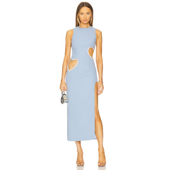 Sleeveless Heart shaped cutouts White detailing High neckline Side slit Woman's Midi Dress