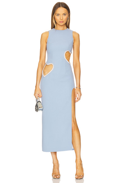 Sleeveless Heart shaped cutouts White detailing High neckline Side slit Woman's Midi Dress