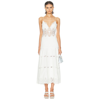 Spaghetti Open back Fitted Flared Elegant Minimalist Plunging V neckline Woman's Midi Lace Dress