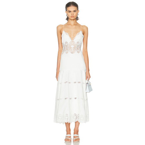 Spaghetti Open back Fitted Flared Elegant Minimalist Plunging V neckline Woman's Midi Lace Dress